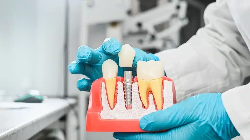 Dentist holding a dental implant model at Newlife Dental Practice