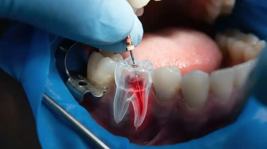 Dentist performing root canal treatment in Singapore on a tooth with visible inflamed pulp - Newlife Dental Practice